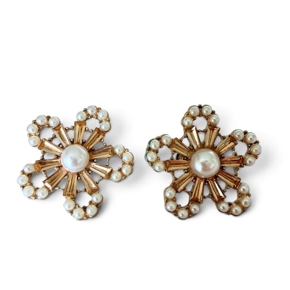 Vintage Faux Pearl Champagne Baguette Rhinestone Flower Stud Earrings Gold Desc
